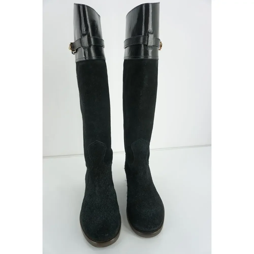 Tory Burch Black Suede Jenna Logo Tall Knee Riding Boots New